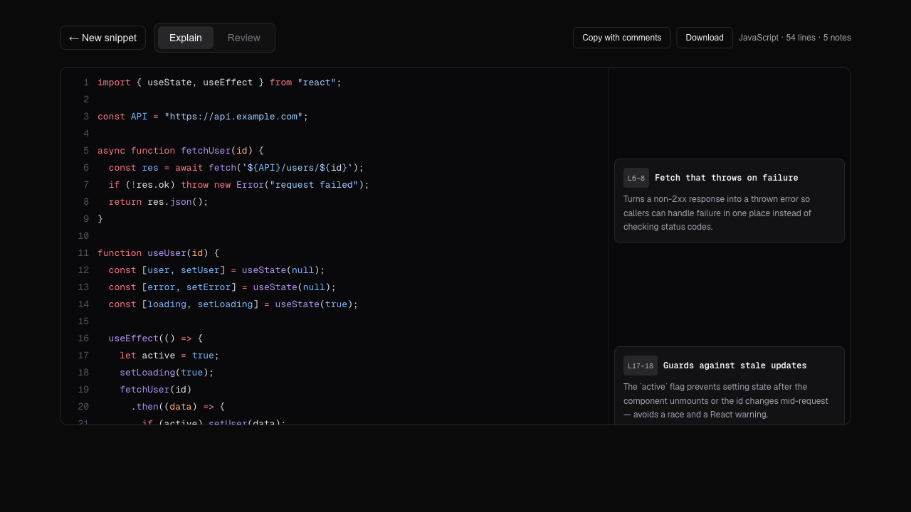 The Code Explainer showing JavaScript on the left with plain-language notes anchored to specific lines on the right, plus copy/download and an Explain/Review toggle.