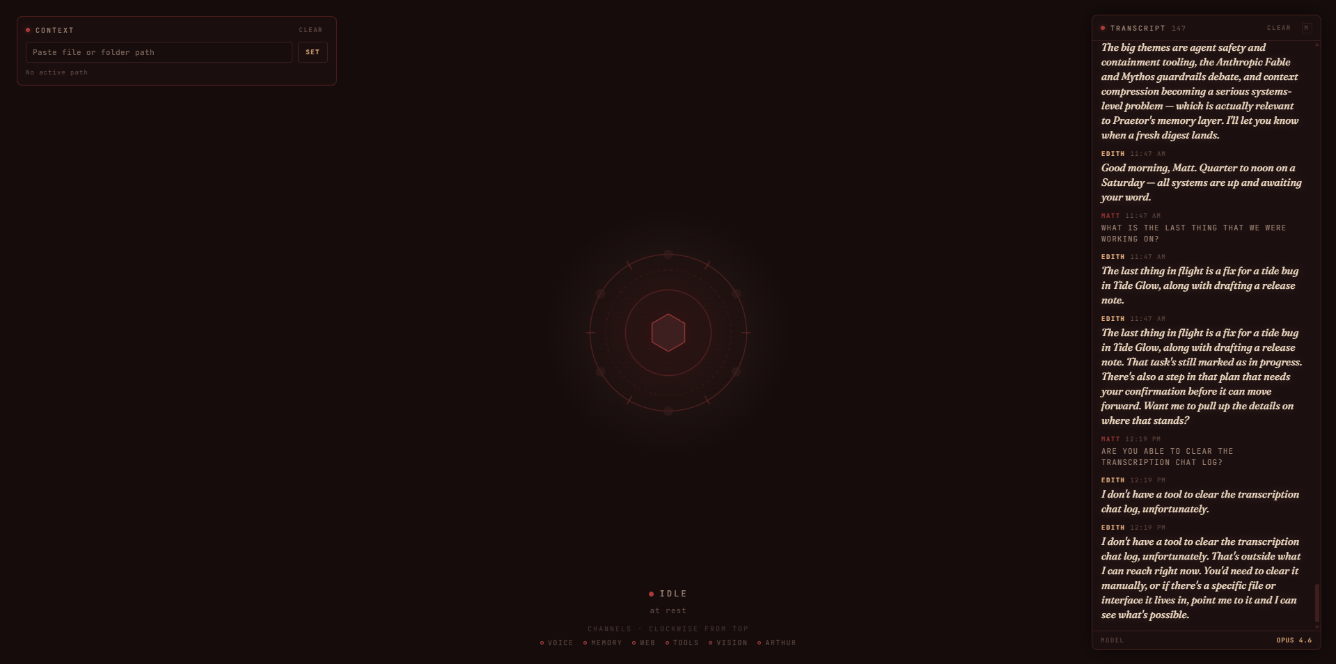 EDITH's oxblood-and-bone aperture HUD with a live conversation transcript beside it.