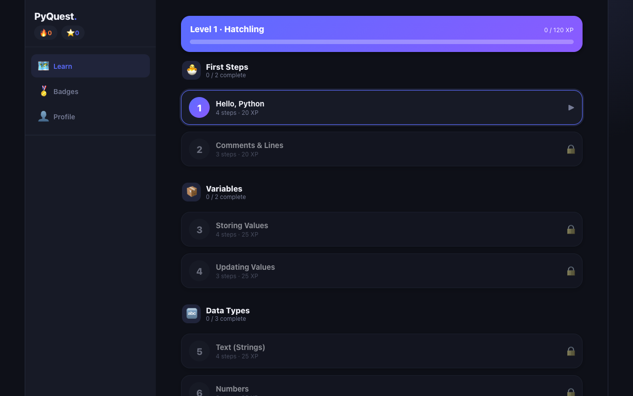 PyQuest's desktop layout — a left sidebar with brand, XP/streak, and Learn/Badges/Profile nav, beside a wide lesson map with a level bar, units, and lessons showing steps and XP.