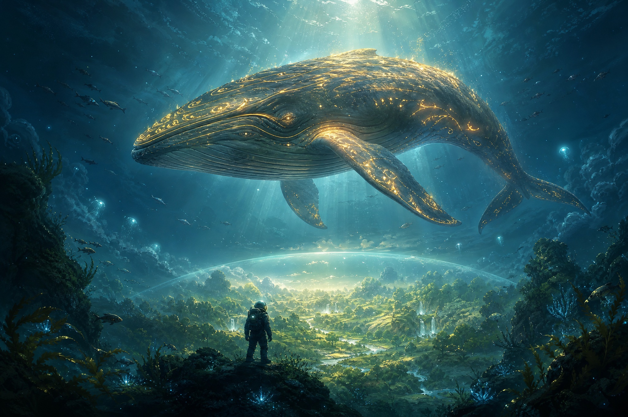 Tideglow key art — a colossal golden-marked whale swims above a hidden sunlit continent at the bottom of the sea, a lone diver watching from a rock.