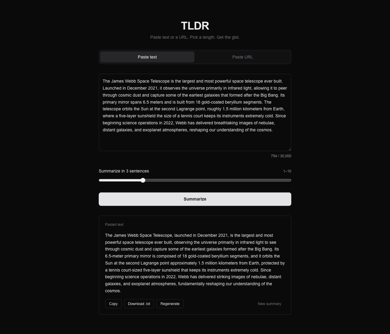 The TLDR summarizer turning a pasted article into a clean three-sentence summary, with a length slider and copy/download actions.
